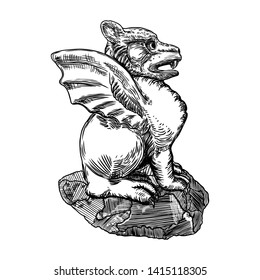 Mythological ancient gargoyle creatures human and dragon like chimera with bat wings. Mythical gargouille with sharp fangs and claws in seating position. Engraved hand drawn sketch. Vector.