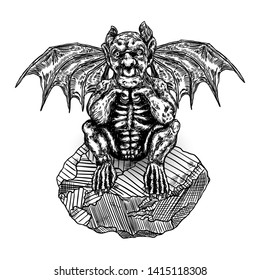 Mythological ancient gargoyle creatures human and dragon like chimera with bat wings and horns. Mythical gargouille with sharp fangs and claws seating on the stone. Engraved hand drawn sketch. Vector.