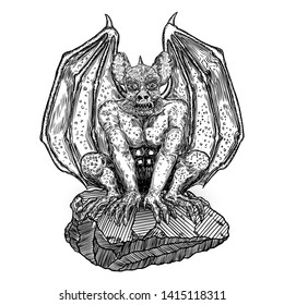 Mythological ancient gargoyle creatures human and dragon like chimera with bat wings and horns. Mythical gargouille with sharp fangs and claws seating on the stone. Engraved hand drawn sketch. Vector.