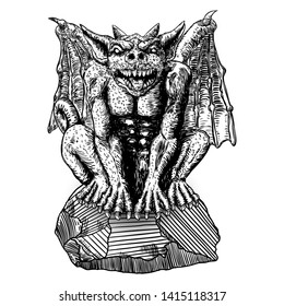 Mythological ancient gargoyle creatures human and dragon like chimera with bat wings and horns. Mythical gargouille with sharp fangs and claws seating on the stone. Engraved hand drawn sketch. Vector.