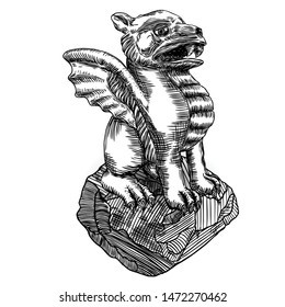 Mythological ancient gargoyle creatures human and dragon like chimera with bat wings. Mythical gargouille with sharp fangs and claws in seating position. Engraved hand drawn sketch. Vector.
