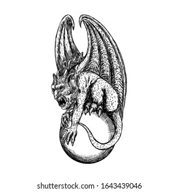 Las criaturas mitológicas antiguas de estilo garrote son humanas y de dragón como la quimera con alas de murciélago y cuernos. Gargouille mítica con colmillos afilados y garras sentadas en la piedra. Dibujo dibujado a mano grabado. Vector.