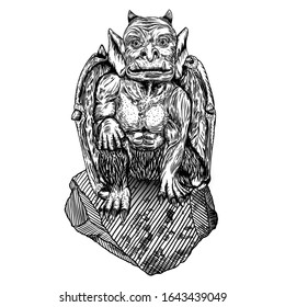 Mythological ancient gargoyle creatures human and dragon like chimera with bat wings and horns. Mythical gargouille with sharp fangs and claws seating on the stone. Engraved hand drawn sketch. Vector.
