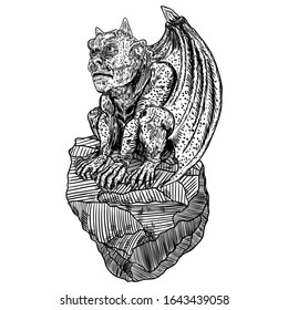 Mythological ancient gargoyle creatures human and dragon like chimera with bat wings and horns. Mythical gargouille with sharp fangs and claws seating on the stone. Engraved hand drawn sketch. Vector.