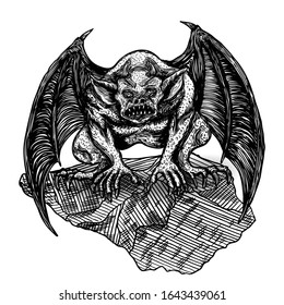 Mythological ancient gargoyle creatures human and dragon like chimera with bat wings and horns. Mythical gargouille with sharp fangs and claws seating on the stone. Engraved hand drawn sketch. Vector.