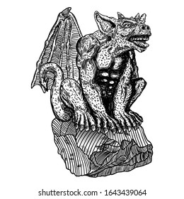 Mythological ancient gargoyle creatures human and dragon like chimera with bat wings and horns. Mythical gargouille with sharp fangs and claws seating on the stone. Engraved hand drawn sketch. Vector.