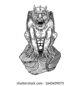 Mythological ancient gargoyle creatures human and dragon like chimera with bat wings and horns. Mythical gargouille with sharp fangs and claws seating on the stone. Engraved hand drawn sketch. Vector.