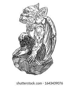 Mythological ancient gargoyle creatures human and dragon like chimera with bat wings and horns. Mythical gargouille with sharp fangs and claws seating on the stone. Engraved hand drawn sketch. Vector.