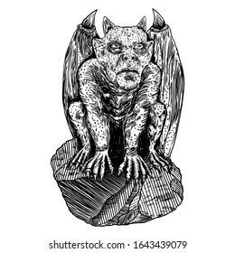 Mythological ancient gargoyle creatures human and dragon like chimera with bat wings and horns. Mythical gargouille with sharp fangs and claws seating on the stone. Engraved hand drawn sketch. Vector.