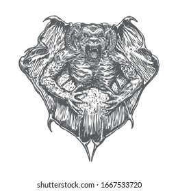 Mythological ancient gargoyle creatures human and dragon like chimera with bat wings. Mythical gargouille with sharp fangs and claws. Engraved hand drawn sketch. Vector.