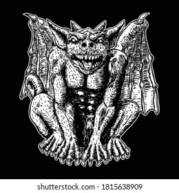 Mythological ancient gargoyle creatures human and dragon like chimera with bat wings and horns. Mythical gargouille with sharp fangs and claws in seating position. Engraved hand drawn sketch. Vector.