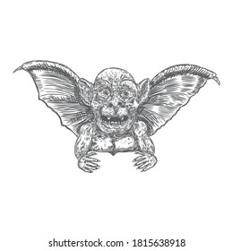 Mythological ancient gargoyle creatures human and dragon like chimera with bat wings. Mythical gargouille with sharp fangs and claws. Engraved hand drawn sketch. Vector.