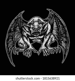 Mythological ancient gargoyle creatures human and dragon like chimera with bat wings and horns. Mythical gargouille with sharp fangs and claws in seating position. Engraved hand drawn sketch. Vector.