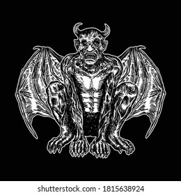 Mythological ancient gargoyle creatures human and dragon like chimera with bat wings and horns. Mythical gargouille with sharp fangs and claws in seating position. Engraved hand drawn sketch. Vector.