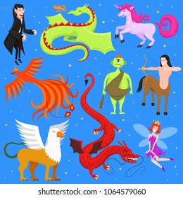 Mythological animal vector mythical creature phoenix or fantasy fairy and characters of mythology centaur unicorn or griffin illustration set of cartoon beasts isolated on background