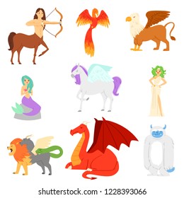 Mythological animal vector mythical creature phoenix or fantasy firebird characters of mythology mermaid snowman and griffin illustration set of cartoon beasts isolated on white background