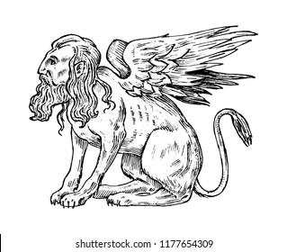 Mythological animals. Mythical Sphinx. Ancient human bird, fantastic creatures in the old vintage style. Engraved hand drawn old sketch.
