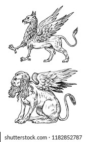 Mythological animals. Mythical Sphinx and antique Griffin. Ancient Birds, fantastic creatures in the old vintage style. Engraved hand drawn old sketch.