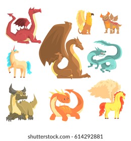 Mythological animals, set for label design. Dragon, unicorn, pegasus, griffin, cartoon detailed Illustrations