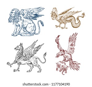 Mythological animals. Sphinx Griffin Mythical Basilisk antique Roc. Ancient Birds, fantastic creatures in the old vintage style. Engraved hand drawn old sketch.