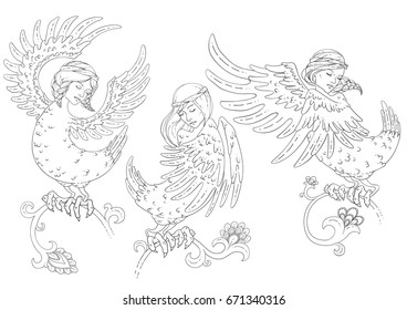  Mythological bird set. Russian folklore. Bird with woman head