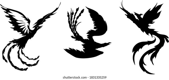 Mythological birds. Set of different black silhouettes of Phoenix