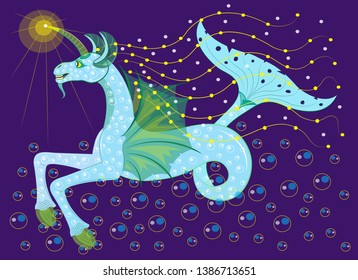 Mythological blue sea horse in the depths of the sea
