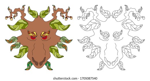 Mythological character of forest faun. Head of goat with horns decorated oak leaves and acorns. Adult antistress coloring page. Vector illustration isolated on white background. Design for T-shirt.