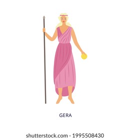 Mythological character of Gera or Hera greek or roman goddess, flat vector illustration isolated on white background. Immortal female goddess of ancient Greece.