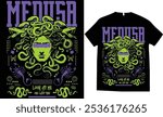 Mythological character medusa gorgon dark illustration snake hair woman's face t-shirt design, Vector illustration of Medusa Horgona, mythological story, Streetwear edgy t-shirt design