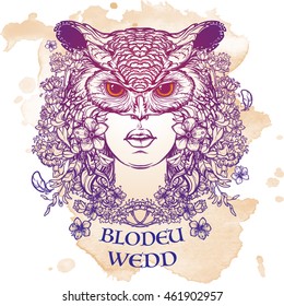 Mythological character woman created from flowers and turned into an owl. Illustration to Welsh Mabinogion. Beautiful woman in an owl mask. Mystical halloween concept art. EPS10 vector illustration.