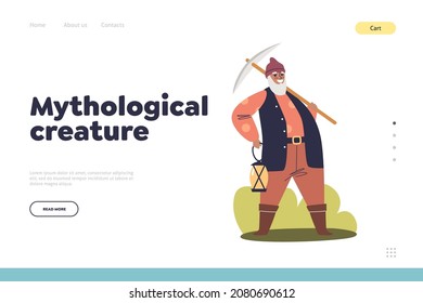 Mythological creature concept of landing page with funny garden gnome holding lantern and mattock. Cute cartoon dwarf working on farm or gardening. Flat vector illustration