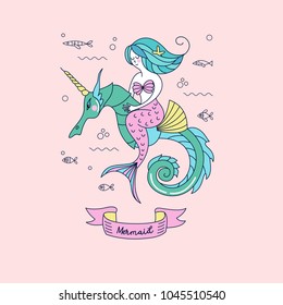 Mythological creature. The little mermaid riding a unicorn seahorse. Vector illustration.