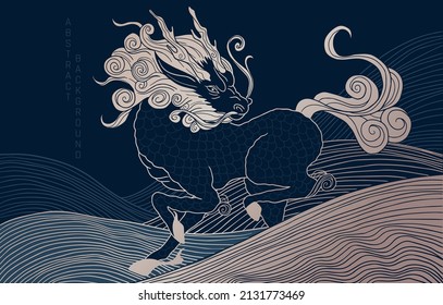 mythological creature - qilin, black and gold colours, with waves