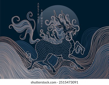 Criatura mitológica - Qilin, colores azul y oro,