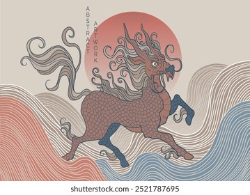 mythological creature - qilin, blue and gold colours, simple wave pattern	