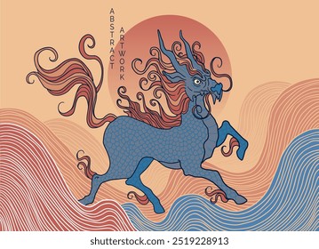 mythological creature - qilin, blue and orange and yellow colours, simple wave pattern