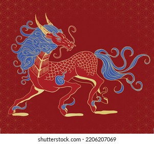 mythological creature - qilin, blue, red and gold colours, simple wave pattern 