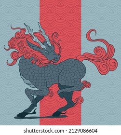 mythological creature - qilin, blue and vibrant red colours, simple wave pattern and rectangle form