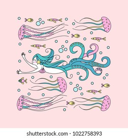 Mythological creature. Sea fairy. Mermaid with octopus tentacles. Surrounded by jellyfish and fish. Vector illustration.