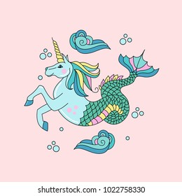 Mythological creature. The sea unicorn. Horse with a horn and a fish tail. Vector illustration.
