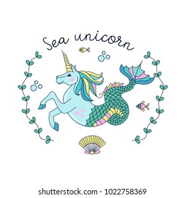Mythological creature. The sea unicorn. Horse with a horn and a fish tail. Vector illustration.