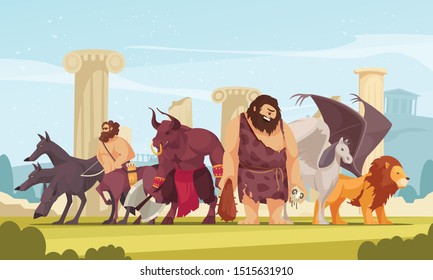 Mythological creatures among ancient greek temple ruins cartoon composition with cyclopes minotaur centaur winged lion vector illustration 