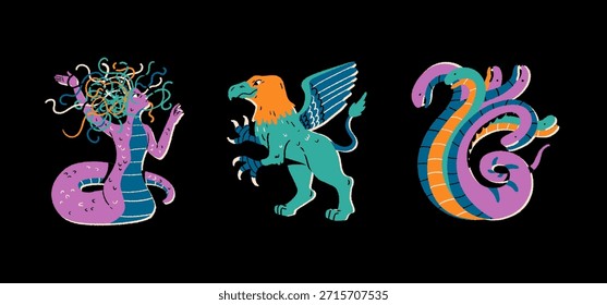 Mythological creatures, ancient Greece, folklore. Fantasy monsters. Gorgon medusa, griffin, hydra. Cartoon vector illustration set.