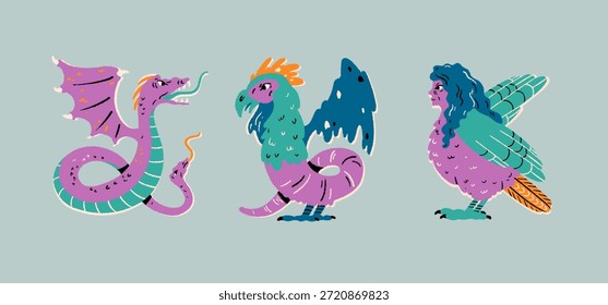 Mythological creatures, ancient Greece, folklore. Fantasy monsters. Amphisbaena, basilisk, harpy. Cartoon vector illustration set.