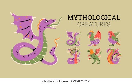 Criaturas mitológicas, antigua Grecia, folclore. Monstruos de fantasía. Anfisbena, gorgona medusa, grifo, basilisco, arpía, hidra. Conjunto de Ilustración vectorial de dibujos animados.