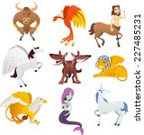 Mythological Creatures and animals, with unicorn, Phoenix, sphinx, centaur, pegasus, bird, cerberus, griffin, pharaoh and Eagle vector illustration.