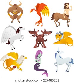 Mythological Creatures and animals, with unicorn, Phoenix, sphinx, centaur, pegasus, bird, cerberus, griffin, pharaoh and Eagle vector illustration.