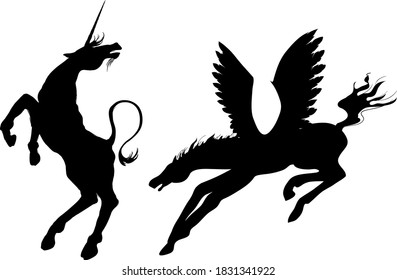 Mythological creatures. Black silhouettes of Pegasus and unicorn