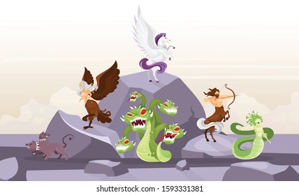 Mythological creatures flat vector illustration. Hydra and cerberus. Pegasus and harpy. Centaurus and meduse gorgone. Fairy beasts on mountain. Greek mythology. Fantastical cartoon characters